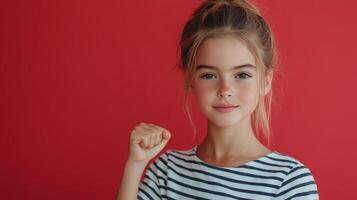 Young girl raising her fist against a red background in a cheerful pose photo