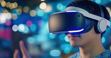 Young adult experiencing virtual reality gaming at an arcade during the evening photo