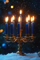 Menorah with lit candles glowing against a blurred festive background during Hanukkah celebrations photo