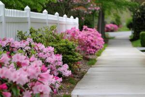 Pink Azalea Blooms Along A White Picket Fence On A Sunny Day photo