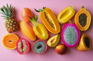 Colorful arrangement of tropical fruits on a pink background photo