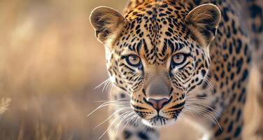 Close-up of a leopard with striking blue eyes in a natural habitat during golden hour photo
