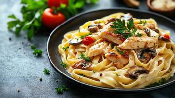 Creamy fettuccine Alfredo with mushrooms and chicken on a dark rustic table photo
