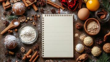 Festive holiday ingredients and decorations arranged around a blank recipe card photo