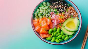 Fresh salmon and greens in a vibrant bowl with sesame dressing photo