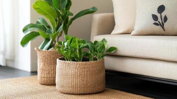 Indoor plants in wicker pots on a dark sofa by the window during daylight hours photo