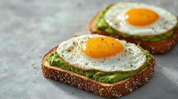 Avocado toast with fried egg on whole grain bread on a dark surface with fresh ingredients photo