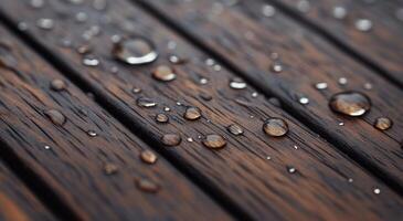 Water droplets resting on textured wooden surface after rainfall photo