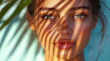 Young woman with captivating eyes illuminated by natural light and shadow patterns photo