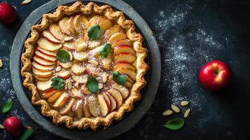 Delicious apple tart with sliced fruit and almonds on a dark background photo