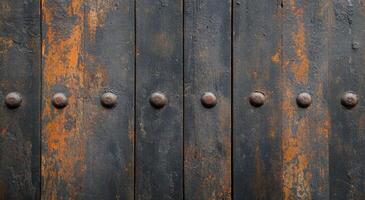 Weathered black wooden door with decorative metal studs in an aged texture photo