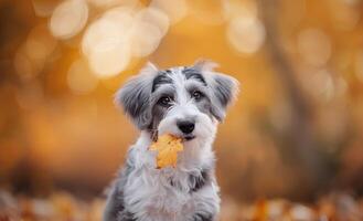 Playful Dog Holding Leaf in Autumn Park photo