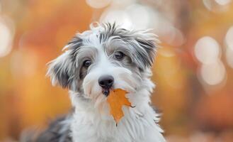 Playful Dog Holding Leaf in Autumn Park photo