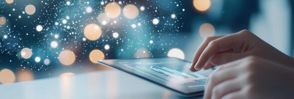 Person typing on a laptop while digital data visualizations float in the air at night photo