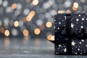 Elegant Black Gift Box With Ribbon Against a Bokeh Background photo