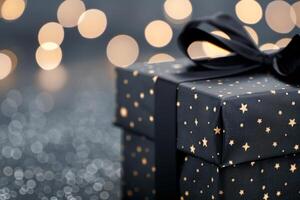 Elegant Black Gift Box With Ribbon Against a Bokeh Background photo