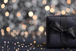 Elegant Black Gift Box With Ribbon Against a Bokeh Background photo