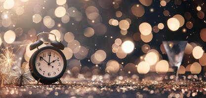 New Year Eve Celebration With Sparkling Cheers and Countdown Clock photo