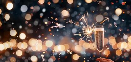 New Year Eve Celebration With Sparkling Cheers and Countdown Clock photo