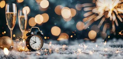 New Year Eve Celebration With Sparkling Cheers and Countdown Clock photo