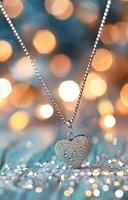 Heart-Shaped Pendant Sparkling Against a Blurred Background of Colorful Lights photo