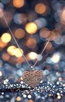 Heart-Shaped Pendant Sparkling Against a Blurred Background of Colorful Lights photo