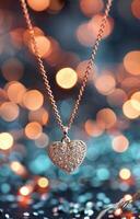 Heart-Shaped Pendant Sparkling Against a Blurred Background of Colorful Lights photo