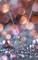 Heart-Shaped Pendant Sparkling Against a Blurred Background of Colorful Lights photo