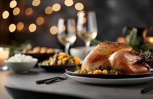 Thanksgiving Dinner With Roasted Turkey and Seasonal Sides in Cozy Dining Room photo