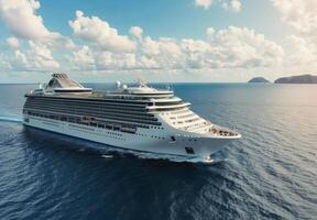 Cruise Ship Navigating Clear Waters Near Coastal Island During Bright Day photo