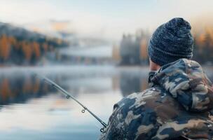 Early Morning Fishing Trip On A Misty Lake Surrounded By Autumn Trees photo