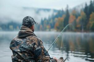 Early Morning Fishing Trip On A Misty Lake Surrounded By Autumn Trees photo