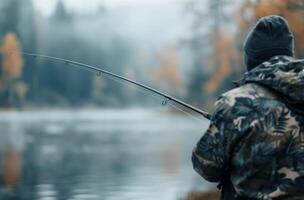 Early Morning Fishing Trip On A Misty Lake Surrounded By Autumn Trees photo
