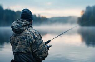 Early Morning Fishing Trip On A Misty Lake Surrounded By Autumn Trees photo