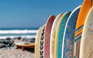 Colorful Surfboards Lined Up on Pebbly Beach Under Sunny Sky in Coastal Location photo