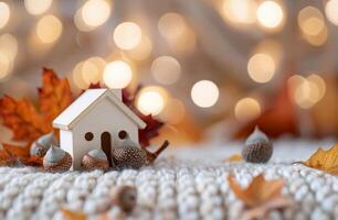 Miniature House Surrounded by Acorns and Autumn Leaves on Cozy Blanket photo
