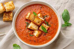 Fresh Tomato Soup With Crispy Croutons and Basil on a Light Cloth Background photo