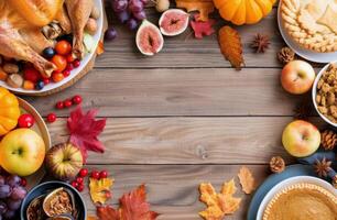 Thanksgiving Feast With Autumn Decorations and Seasonal Foods on Wooden Table photo
