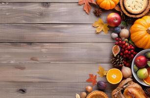 Thanksgiving Feast With Autumn Decorations and Seasonal Foods on Wooden Table photo