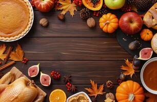 Thanksgiving Feast With Autumn Decorations and Seasonal Foods on Wooden Table photo