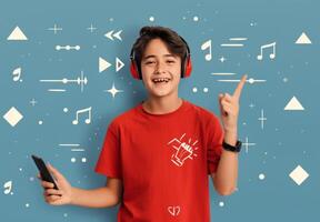 Young Man Enjoying Music While Smiling Against a Blue Background photo