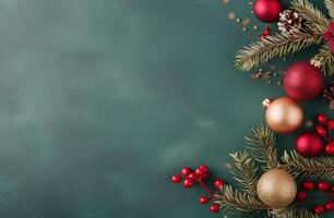 Festive Christmas Ornaments and Decorations on Green Background photo