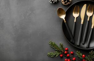 Elegant Holiday Table Setting With Gold Cutlery and Seasonal Decor photo