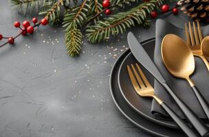 Elegant Holiday Table Setting With Gold Cutlery and Seasonal Decor photo