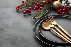 Elegant Holiday Table Setting With Gold Cutlery and Seasonal Decor photo