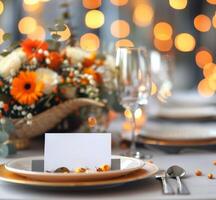 Elegant Dinner Table Setup With Candle and Autumn Decorations at Evening photo