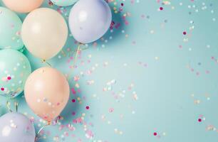 Colorful Balloons and Confetti on Blue Background for Celebration or Party Decorations photo