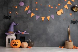 Colorful Halloween Decorations With Pumpkins and Candy on Black Background photo