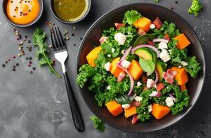 Colorful Kale Salad With Butternut Squash, Bacon, and Pine Nuts on Gray Table photo