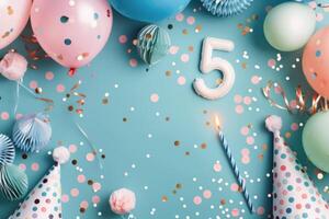 Colorful Birthday Celebration With Balloons and Cake Decorated for a 5-Year-Old photo